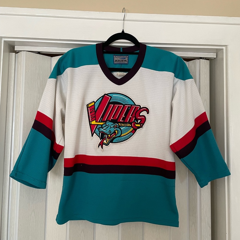 AUTHENTIC DETROIT VIPERS Bauer Teal and White Hockey Jersey 90s